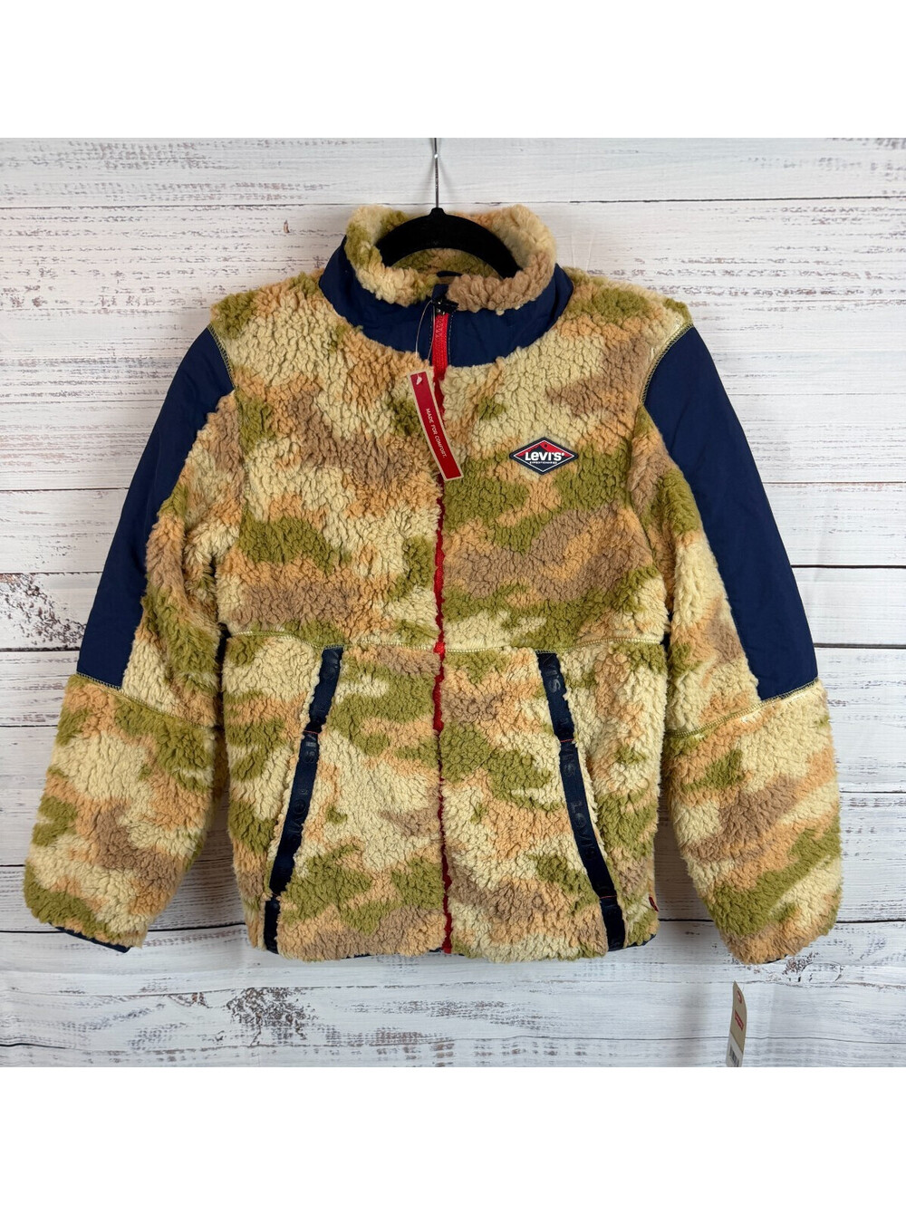 LEVI'S boy sherpa fleece beige olive camouflage navy full zip jacket L 12-13 NWT